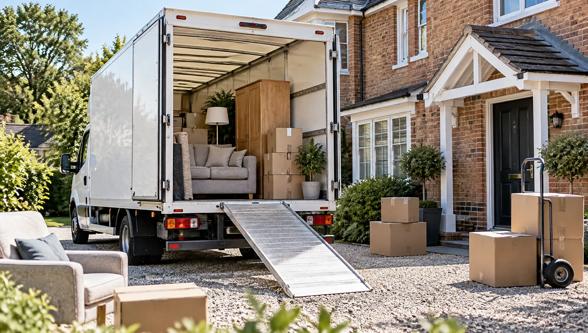 Removal van with its rear doors open, loaded with cardboard boxes and moving blankets